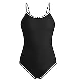 zoogobee Girls One Piece Swimsuit Quick Dry Swimwear Swimming Costume Adjustable Straps Color Contrast Trim for Teens Girls (UK, Age, 11 Years, 12 Years, Regular, Black)