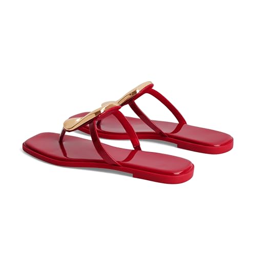 Image of Wnshonzy Flip-Flops for Women Thong Sandals Flat Slip on Slides Beach Comfort Open Square Toe Ladies Slipper Dressy Metal Hardware Decoration Summer Shoes Casual Fashion