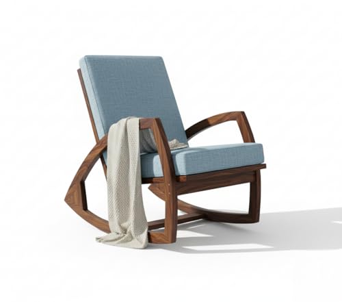 Image of Solid Sheesham Wood Rocking Chair for Living Room - Upholstered Relaxing Chair - Wooden Rocking Chair for Adults for Home Outdoor Indoor (Walnut, Cyrus)