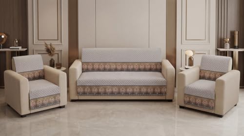 Image of KINGLY Sofa Cover 5 Seater 3+1+1 Velvet Full Cover - Warm Grey | Fully covered quilted velvet slipcover, washable anti-slip thick furniture protector for 3+1+1 living room sofa