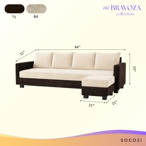 Image of SOCOZI Braven 5 Seater L Shape Sofa Set with Movable Ottoman | Flexible Layout | Soft Velvet Suede Fabric | Modern Design | Plush Comfort Cushions for Living Room (Dark Brown-Cream)