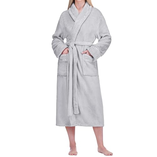 Image of PAVILIA Women's Plush Fleece Robe, Soft Cozy Long Bathrobe with Satin Waffle Trim, Warm Lightweight, Pockets & Tie Belt