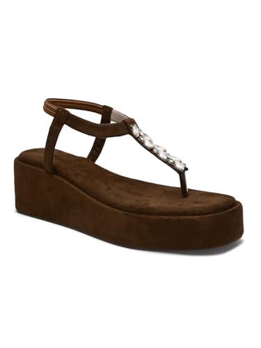 Image of TRYME T-Strap Embellished Wedges Heel Sandals for Women | Soft Suede Comfort Slip-On Sandals for Wedding, Festive & Elegant Styling