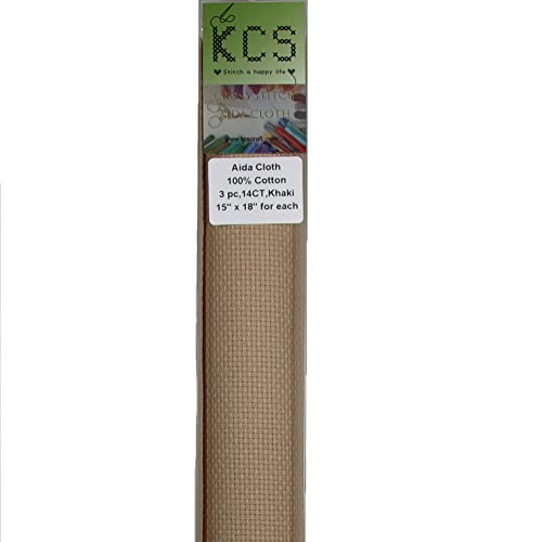 Image of KCS 3 pc of 15 inch x 18 inch Counted Cross Stitch Cotton Aida Cloth Needlework Rolled Fabric Box,14CT,Khaki