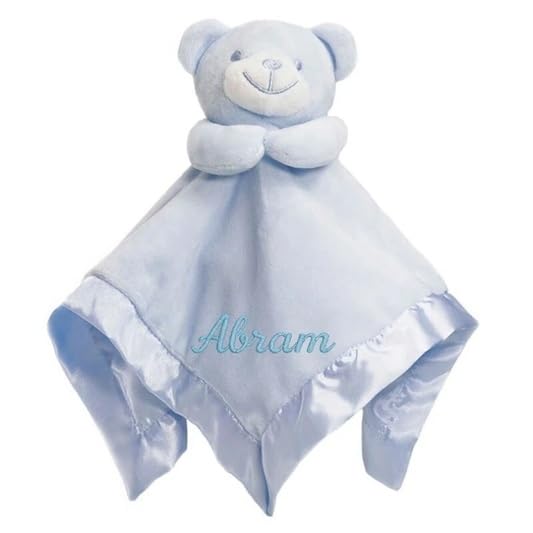 Personalised Newborn Baby Boys Girls Toy Comforter Blankets Elephant, Bunny, Giraffe, Zebra Teddy Embroidered Name | Gift Toy Comforter (Blue Satin Bear)