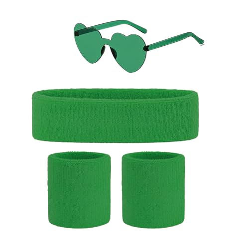 Cinta Pelo Deporte Muñequera para Gym y Gafas de Corazon Años 80 para Disfraz Años 80 Mujer Adulto Niña, Accesorios Años 80 Color Neon, Bandas Cintas de Sudor Deportiva (80S Verde Oscuro)