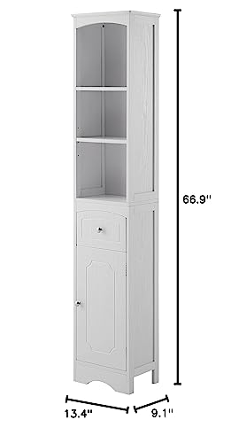 Merax Tall Bathroom Storage Cabinet, Linen Tower With Adjustable Shelves, Drawer And Door, Slim, 13.4" L X 9.1''W X 66.9''H, White #TOP7