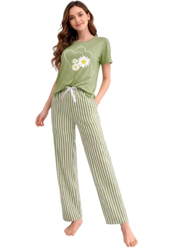 Image of Women's 2-Piece Pajama Set - Short Sleeve Top & Pants Lounge Set, Soft Breathable Sleepwear Night Suit for Women