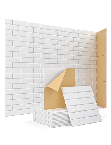 Kuchoow Acoustic Wall Panels for Recording Studio Sound Absorbing, Brick Pattern 12 Pack White Decorative Self Adhesive Art Acoustical Treatment Tiles for Ceiling Door and Bedroom 12''×12''×0.4''