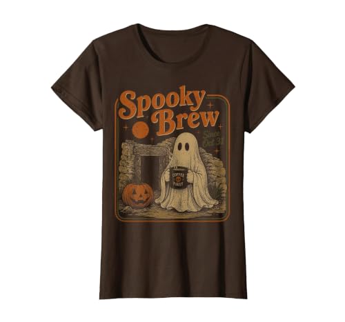 Halloween Spooky Brew Ghost Coffee Lover Vintage Halloween T-Shirt, Women, Brown, XX-Large