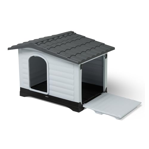 Amazon Basics Plastic Dog House for Large Dogs - Easy to Assemble & Detachable Structure, Indoor/Outdoor Use, Elevated Floor,Durable & Waterproof,Side Door Access,Undulating Roof Design