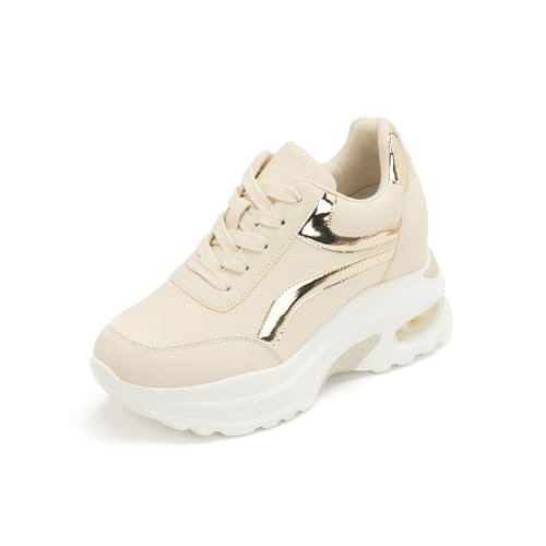 JOMIX Baskets Compensées Femme Chaussures de Respirantes Plateforme Sport Air Running Sneakers Confortable Fitness Gym Outdoor Casual Marche (WCC250132, Beige, 37 EU)
