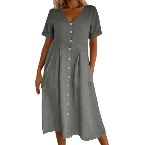 Vestido de verano para mujer, cuello en V, manga corta, vestido midi con botones y bolsillos, monocolor, vestido informal, vintage, cintura alta, holgado, vestido de playa, elegante, #003-gris, 4XL