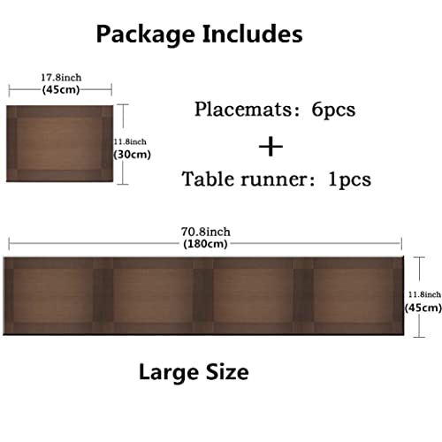 Image of Placemats, Washable PVC Table Mats, Woven Vinyl Placemat for Dining Table Place Mats Set (6 Placemats and 1 Table Runner, Brown)