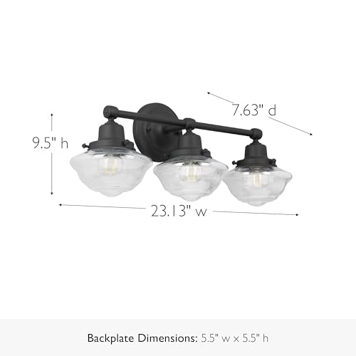 Image of Design House Vintage-Inspired Schoolhouse 3-Light Dimmable Vanity Light, 23.125 in x 7.625 in x 9.5 in, Matte Black, Clear Seeded Glass Shades, 589143-BLK