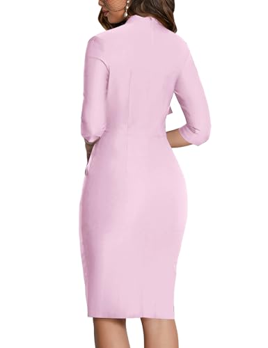 Image of MUXXN Women's Midi Pencil 1950s Vintage Cocktail 3 /4 Sleeve Tie Neck Bodycon Mid-Calf Dress with Pockets