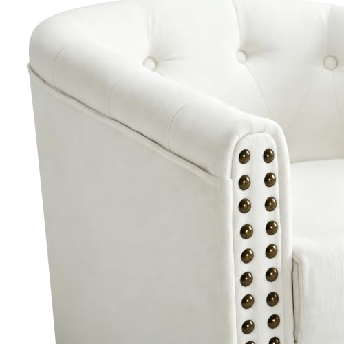 Image of Swivel Barrel Accent Chair, Living Room Arm Chair, Set of 1, White | Round Chenille Modern Upholstered Comfty Reading Nook Chairs for Bedroom, Small Club Armchair, Single Sofa Side Chair