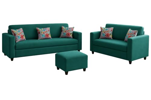 Image of Rosebell 3+2 Fabric Sofa Set with Ottoman | Premium Upholstery 5-Seater Sofa | with Printed Cushions | Living Room Furniture |Green-Color