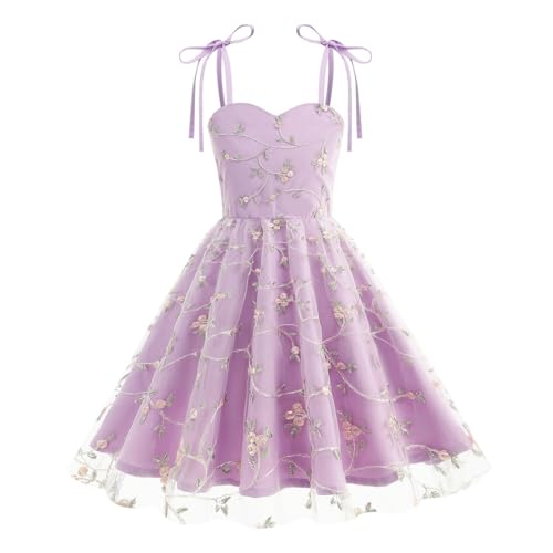 Enfant Robe Princesse Soirée Mariage Cérémonie Fille Bretelle Robe de Demoiselle d'honneur Fleur Epaules Dénudées Taille Haute,Violet Clair,7 Ans,8...