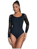 lau-fashion Bodysuits manga larga body encaje encaje ropa interior flores lencería lencería sexy ropa interior S/XL color negro, Negro , S-M