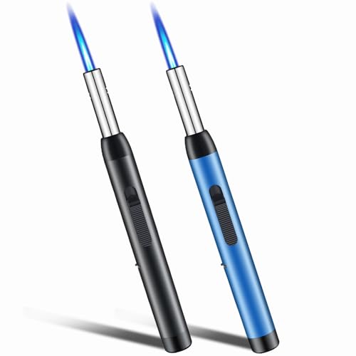 2 Pack of Torch Lighter,Jet Flame Lighter Refillable Butane Gas with Visible Fuel Tank,Windproof with Long Handle and Adjustable Flame Lighters for Kitchen,Outdoor,BBQ,Gifts(Without Butane)-Black+Blue