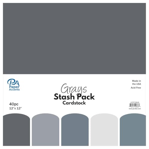 PA Paper Accents Stash Pack Cardstock Pack 12" x 12" Grays colored cardstock paper for card making, scrapbooking, printing, quilling and crafts, 65lb., 40 pieces