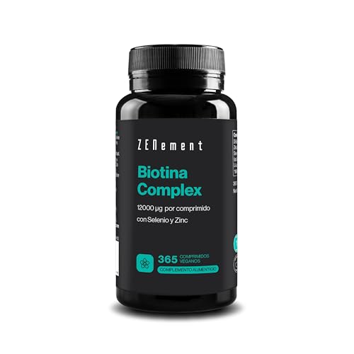 Biotina para el Cabello, Piel y Uñas - 12000 mcg Alta Dosis con Selenio y Zinc - 365 Comprimidos Veganos (Suministro para 1 año) - Biotina Complex de Zenement