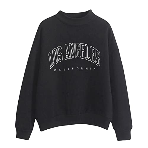 Sudaderas con estampado de Los Ángeles para mujer, con cuello alto falso, esenciales, vintage, ajuste relajado, ropa sólida para invierno y otoño, manga larga, estampado de letras, cuello redondo,