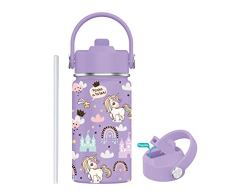 Botella de Agua para Niños de Acero Inoxidable 350ml - Botella Térmica Reutilizable | Sin BPA | Mantiene 24H Frio / 12H Calor | Termo y Hermética - Doble Pared a Prueba de Fugas (Unicornio Lila)