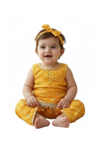 Image of The Root And Craft Kids Birthday Photoshoot Outfit Dress Girls Bandhani printed Top With Dhoti pant & Hairband Born Baby Photography Photoshoot Props(0to 18 Month)