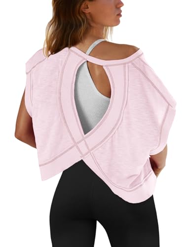 Image of SENSERISE Womens Open Back Workout Tops Backless Short Sleeve Athletic Shirt Running Crop Top Gym Yoga Tee