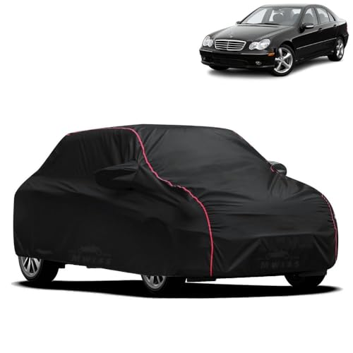 Image of Waterproof Car Cover for Mercedes Benz C280 | All-Weather Protection, Dustproof & UV Resistant | Triple Stitched Mirror Pockets, Windproof Buckle Strap with Elastic Hem, Black-Red Piping