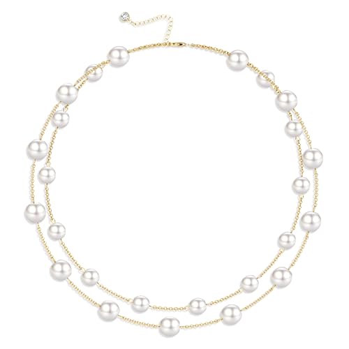 Ten Miro Chunky Gold Plated Imitation Pearl Necklaces for Women Trendy, White Double Layered Pearl Necklaces Elegant Multi Strand Pearls Choker Necklace for Women Stackable 8/10MM Imitation Pearls Statement Necklace