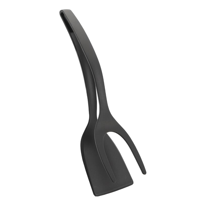 2-in-1 Grip and Flip Spatula Tongs - Black, Home Kitchen Cooking Tool for Pancakes, Eggs, Fish, French Toast, Omelets