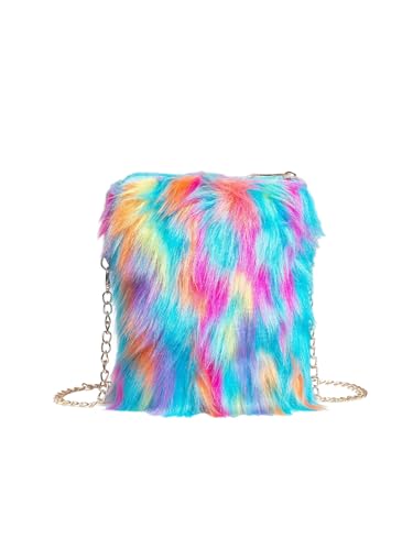 OYOANGLE Women's Faux Fur Color Block Chain Shoulder Bag Furry Zipper Small Handbags Trendy Crossbody Bags