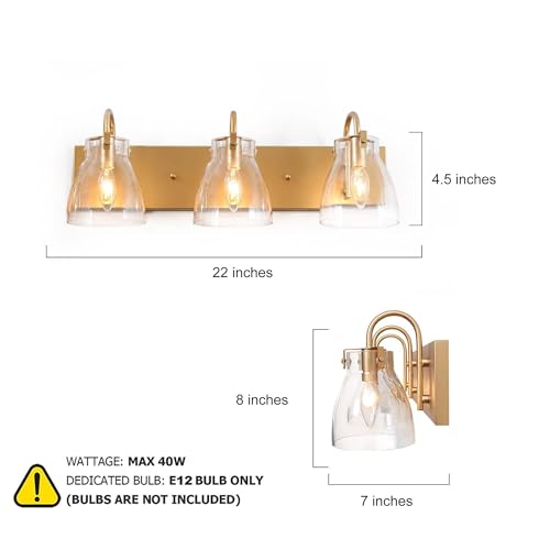 Image of KSANA Gold Bathroom Light Fixtures, 22'' Modern Vanity Lights with Clear Bell-Shaped Glass Shade, 3-Light Bathroom Lighting Over Mirror