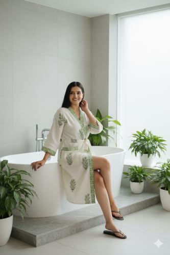 Image of Hand Block Print 100% Cotton Waffle Fabric White Bathrobe For Women's Ultra-Soft & Lightweight After Bath Spa Bathrobe | Highly Absorbent Green