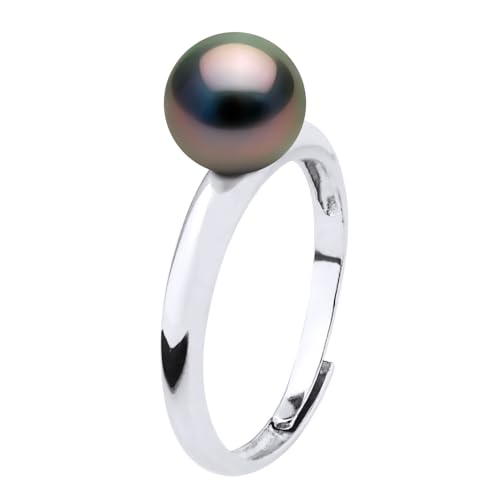 PEARLS & COLORS - Bague Prestige Véritable Perle de Culture de Tahiti Ronde 7-8 mm - Qualité A+ -...