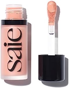 Saie Dew Blush - Lightweight, Blendable + Buildable Liquid Cream for a Dewy Cheek Tint - Doe Foot Wand Makeup Applicator - Light Peach Pink - Peachy (0.40 oz)