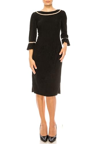 Image of Women's Midi Dress with Pearl Trim and 3 /4 Length Bell Sleeves