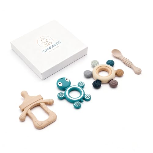 Image of Baby Silicone Teething Ring Teether Gift Set for Boys and Girls Over 3 Months Soothes Gums Fits Small Hands Ergonomic Design Set of 4 Toys Ideal Gift Box BPA Free