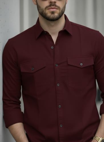 Image of DEELMO Men's Classic Cotton Blend Slim Fit Shirt || Full Sleeve Button-Down Casual Shirt with Dual Flap Pockets || Soft Breathable Fabric || Ideal for Office Party and Everyday Wear