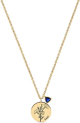 Bemoly Women Flower Necklace Dainty Personalized Carved Disk Birth Month Flower Necklace 14K Gold Plated Simple Chain Round Disc Coin Laser Flower Charm Pendant Jewelry Gift for Her