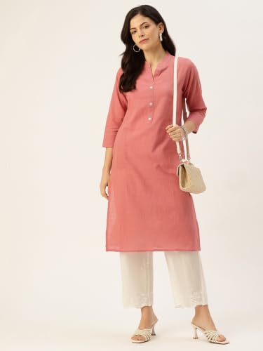 Image of feranoid Women's Plain Cotton Kurta with Mandarin Collar, 3 /4 Sleeves & Pocket