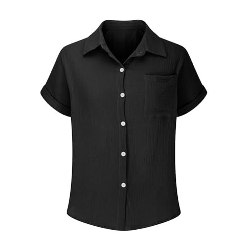 Womens Cotton Button Down Shirts Summer Short Sleeve Blouses Casual Collared Business Work Shirts Plain Gauzy Top3