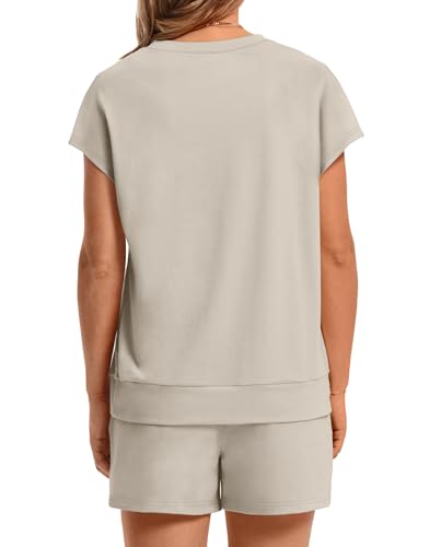 Image of WIHOLL Two Piece Sets for Women Summer Crew Neck Lounge Short Sets Cap Sleeve Drawstring Sweatsuit with Pocket