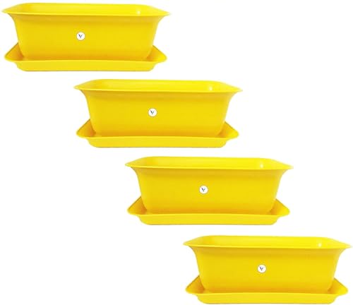 Image of Rectangular Plastic Flower Pot /Planter /Gamla with Bottom Tray upiter Pots for Home, Window Display Plant Container Lightweight, UV Resistant Set, Yellow, 20 inch, 4 Pieces (1 Small Pot Free)