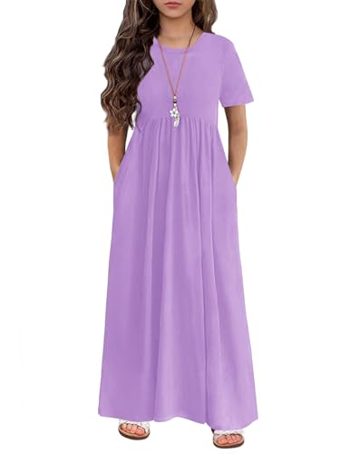 Image of Arshiner Girls Maxi Dress Long /Short Sleeve Casual Holiday Dress with Pockets for 5-13 Years