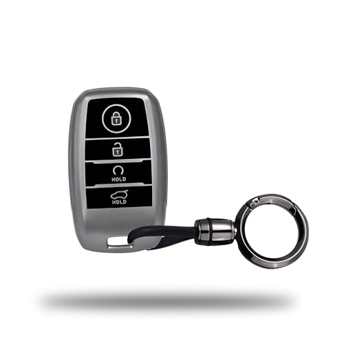 Image of SIAGO TPU Key Cover and Round Keychain Compatible for Kia Seltos, Sonet, Carens, Carnival 4 Button Smart Key (Hold Button Down) (Grey)