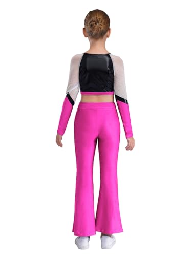 Kids Girls 2 Piece Gymnastic Dance Outfits Sparkly Long Sleeve Color Block Cheer Crop Top And Flared Pants Set Hot Pink 12 Years2